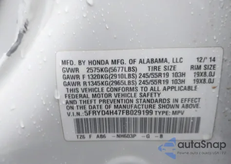 2015 Acura Mdx Technology Package z USA, uszkodzony, nr VIN 5FRYD4H47FB029199